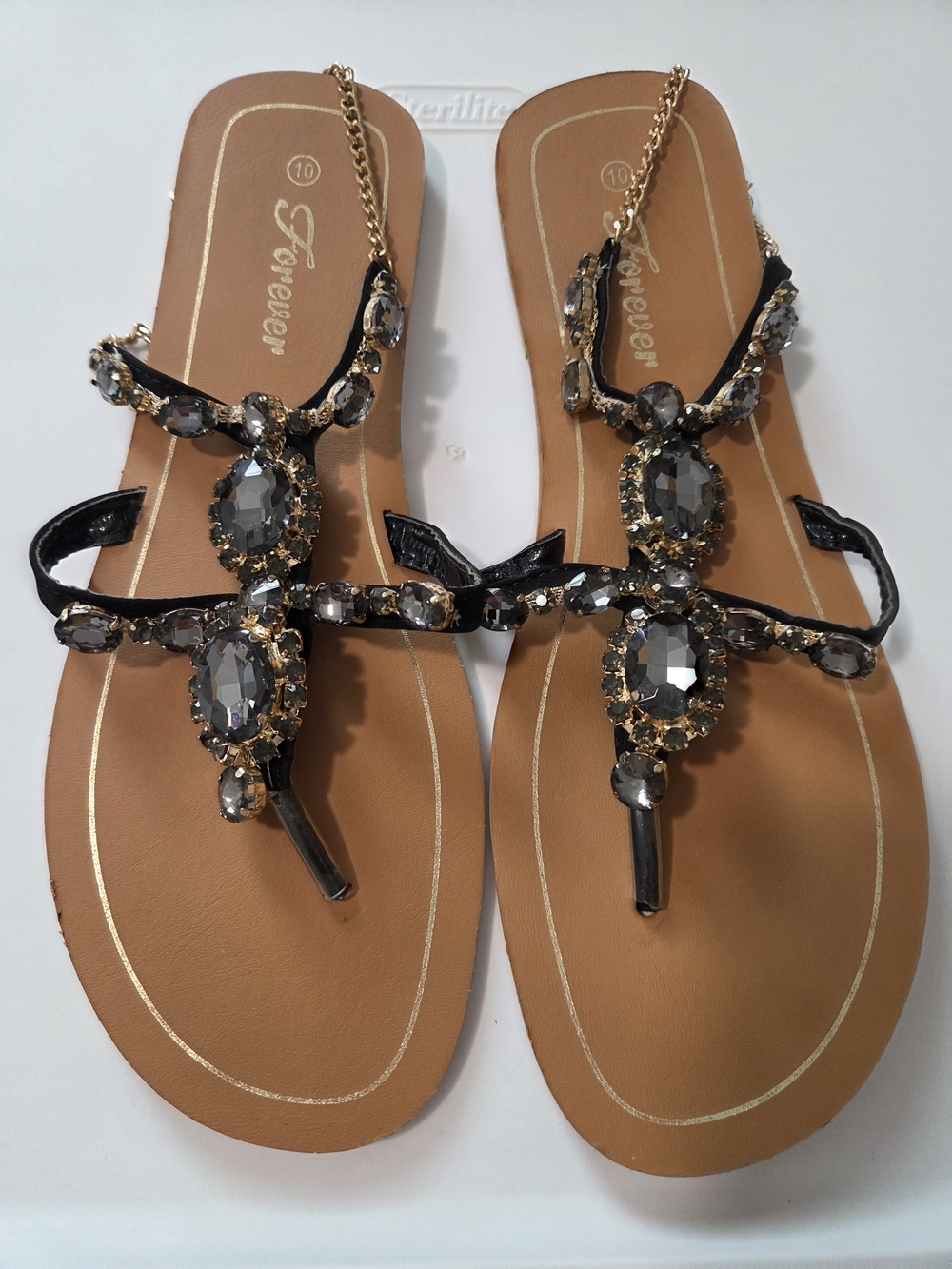 Forever 21 Black Jeweled T-Strap Sandals with Tan Footbed